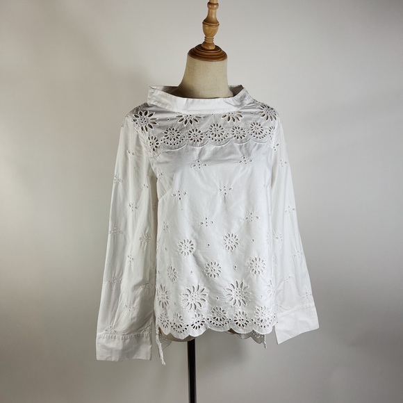 J. CREW Eyelet Boatneck White Cotton Long Sleeve Top Womens 2 - Picture 3 of 10